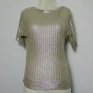 Chico's Golden See Through Open Knit Short Sleeves Sweater Shirt. Sz 1